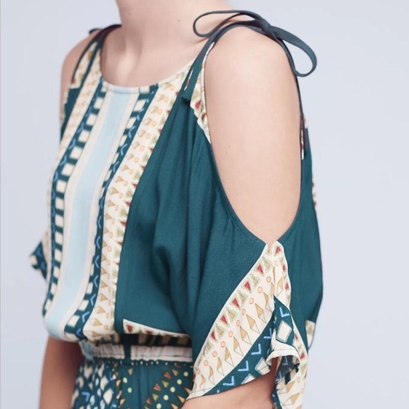 FLOREAT Anthropologie Teal Cold Shoulder Tribal Print Dress Elastic Waist 10P - Picture 4 of 7